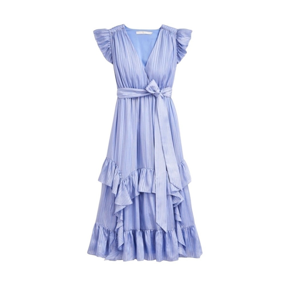 MARIE OLIVER Silk Uma Ruffle Midi Dress in Blue Jay Size M - Picture 2 of 13